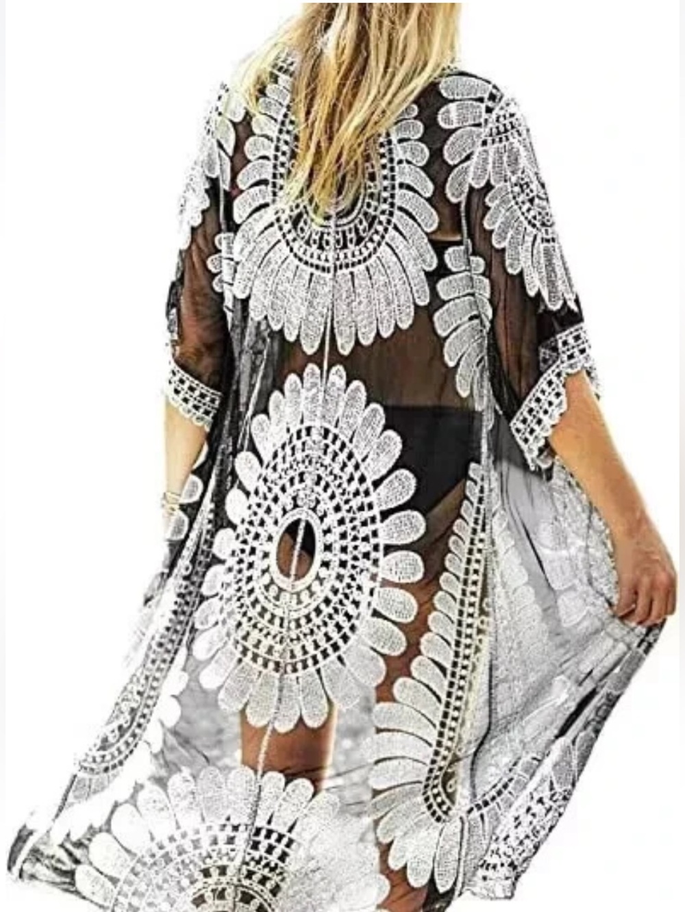 NWT Cupshe Lace Kimono Cardigan Duster L Black Ivory Floral Swim Cover